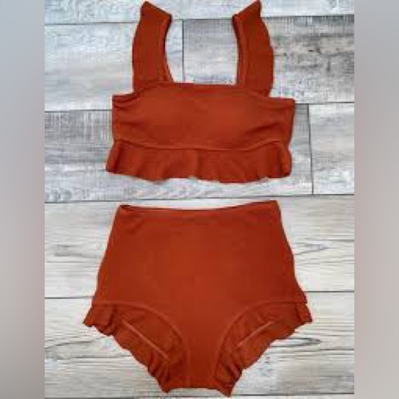🤩Romwe discontinued Rust Orange Retro Ruffle High Waisted 2 piece - Picture 1 of 6